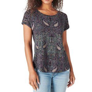 Lucky Brand Paisley Spilt Back Tee - Black Multi